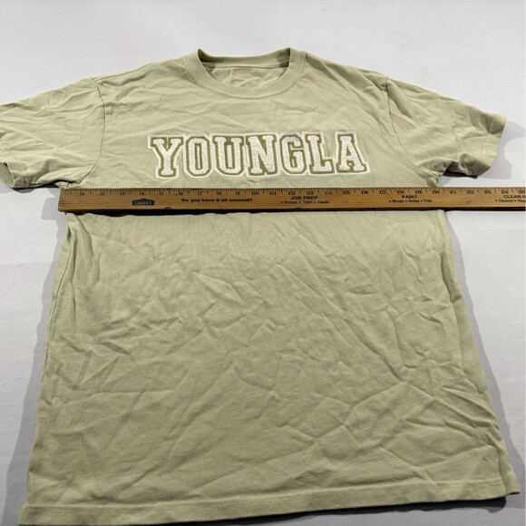 Young LA Womens Unisex Beige Varsity Pump Tee Sherpa Logo Oversized Sz XS - Picture 5 of 8